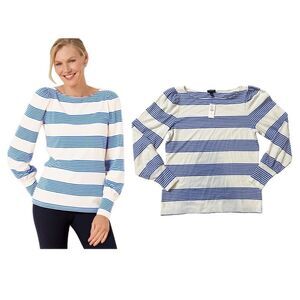 Talbots Blouson Puff Long Sleeve Tee in Biscayne Blue Cluster Strip Size SP NWT